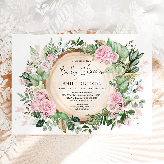 Invitación Rústico Rubor Chica de vegetación de flores rosada (Subido por el creador)