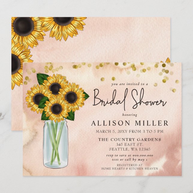 Invitación Rústico Rubor Mason Jar Sunflowers Bridal Shower (Anverso / Reverso)