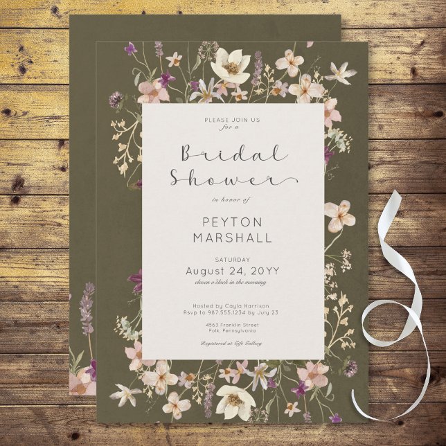 Invitación Rústico Sage Green Wildflower Frame Bridal Shower (Rustic Pink Wildflower Frame Bridal Shower Invitation)