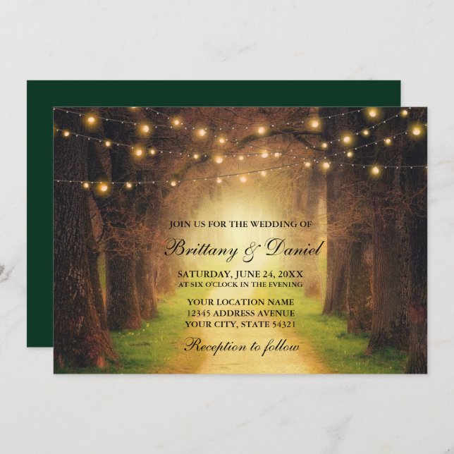 Invitación Rústico Sendero Forestal Ilumina Boda Verde (Anverso / Reverso)