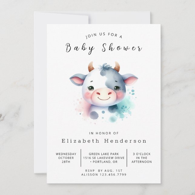Invitación Rústico simple y elegante Baby Shower de vaca (Anverso)