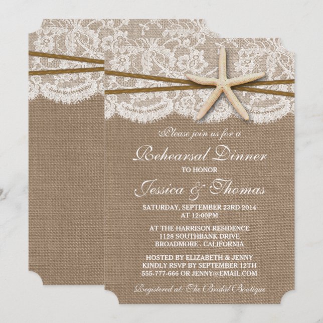 Invitación Rústico Starfish Beach Ensayo de boda Cena (Anverso / Reverso)