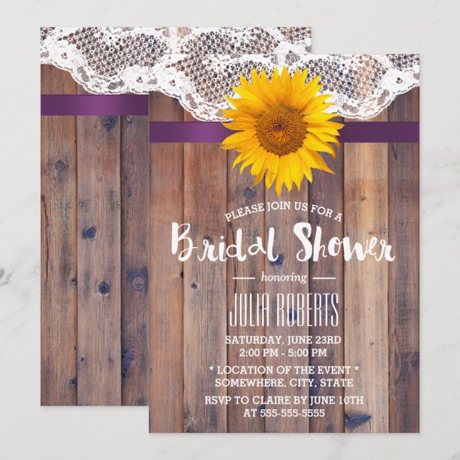 Invitación Rústico Sunflower Bridal Shower Laded Barn Wood (Anverso / Reverso)