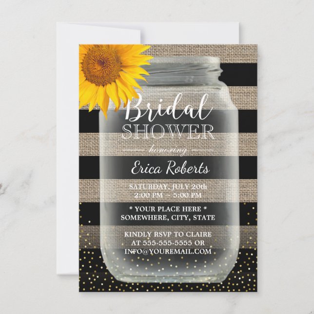Invitación Rústico Sunflower Bridal Shower Mason Jar & Stripe (Anverso)