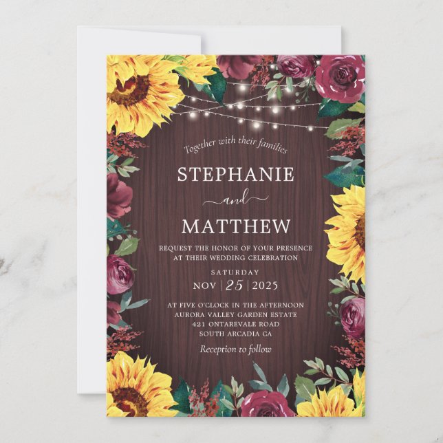 Invitación Rústico Sunflower Burgundy Luces Boda de la madera (Anverso)