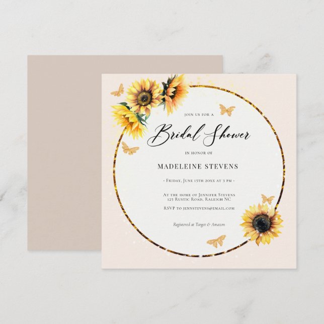 Invitación Rústico Sunflower Butterfy de oro Boho Bridal Show (Anverso / Reverso)