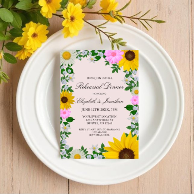 Invitación Rústico Sunflower Daisy Floral Ensayo Cena (Subido por el creador)