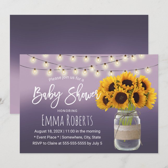 Invitación Rústico Sunflower Jar Elegant Baby Shower Purple (Anverso / Reverso)