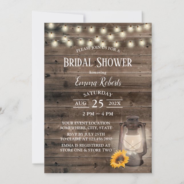 Invitación Rústico Sunflower Lantern Barn Wood Bridal Shower (Anverso)
