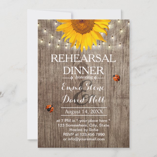 Invitación Rústico Sunflower & String Lights Ensayo Cena (Anverso)