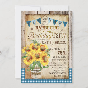 Invitación Rústico Sunflower Wood Gingham Check Cumpleaños
