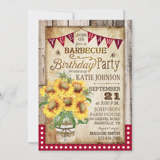 Invitación Rústico Sunflower Wood Gingham Check Cumpleaños (Anverso)