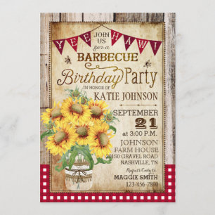 Invitación Rústico Sunflower Wood Gingham Check Cumpleaños