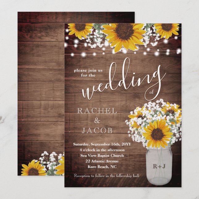 Invitación Rústico Sunflowers Babys Breath Jar Lights Boda (Anverso / Reverso)