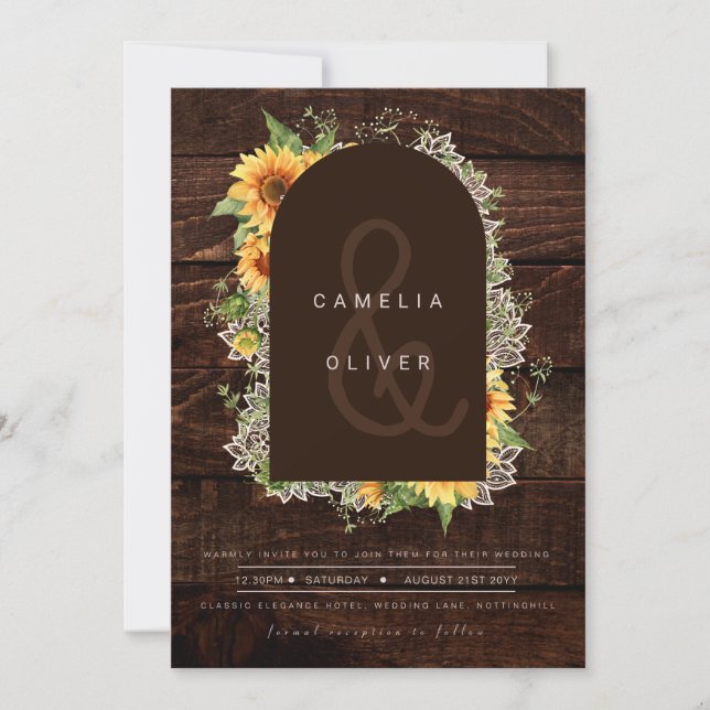 Invitación Rústico Sunflowers Boda de encaje Invitar código Q (Anverso)