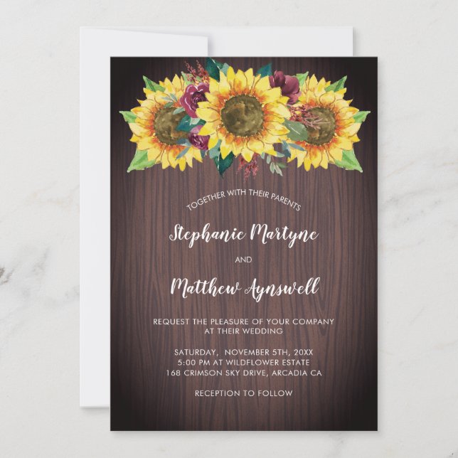 Invitación Rústico Sunflowers Burgundy Floral Wood Boda (Anverso)