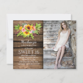 Invitación Rústico Sunflowers Peonies Barnwood Photo Sweet 16