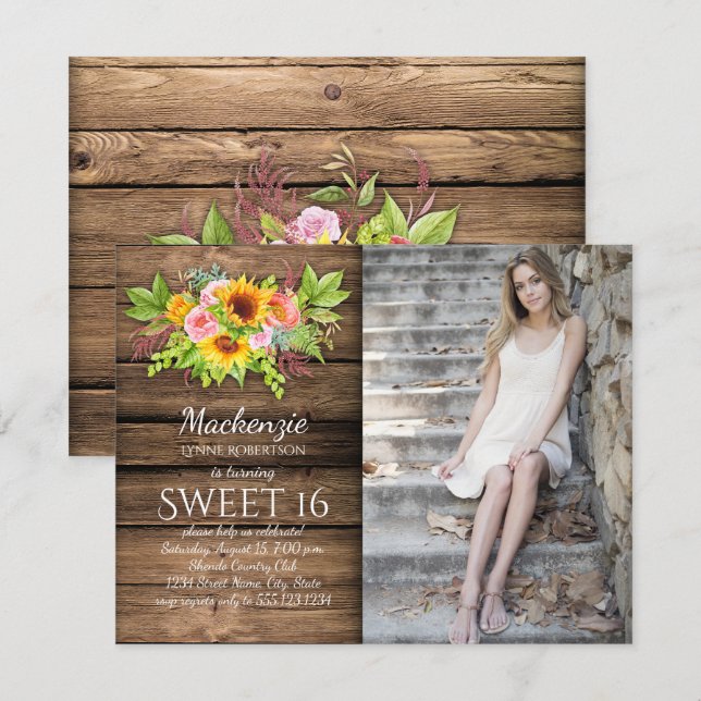 Invitación Rústico Sunflowers Peonies Barnwood Photo Sweet 16 (Anverso / Reverso)