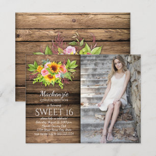 Invitación Rústico Sunflowers Peonies Barnwood Photo Sweet 16
