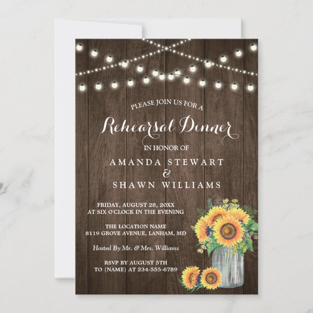 Invitación Rústico Sunflowers String Lights Ensayo Cena (Anverso)