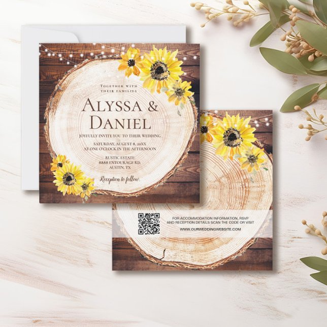 Invitación Rústico Sunflowers String luces Wood Cut Boda (String of lights, watercolor sunflower, wood cut slice rustic wedding invitation.
)