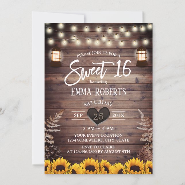 Invitación Rústico Sunflowers Vintage Lantern Sweet 16 (Anverso)