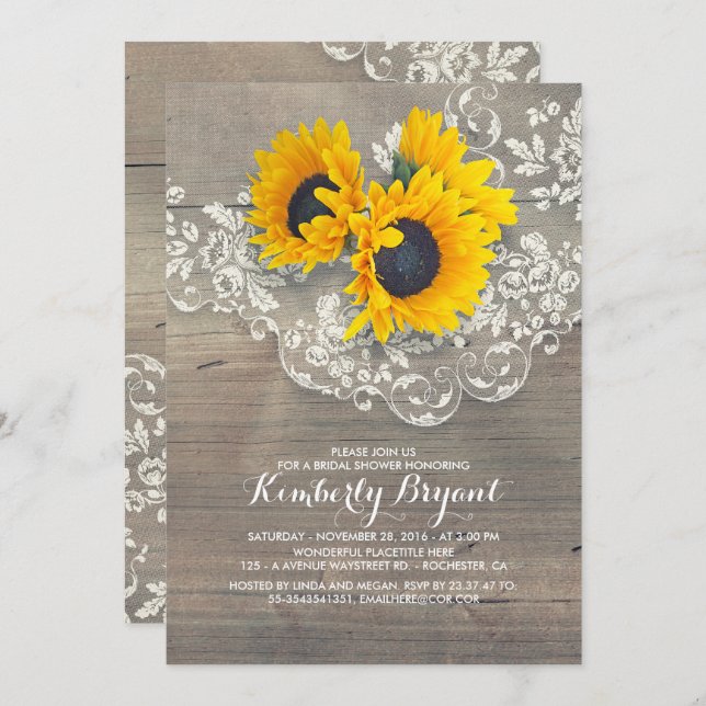 Invitación Rústico Sunflowers Wood Lace Bridal Shower (Anverso / Reverso)