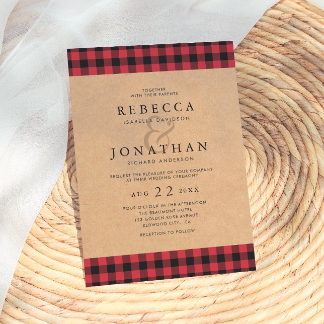 Invitación Rústico Tartán Rojo y Negro de la boda de campo (Subido por el creador)