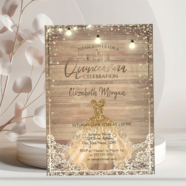 Invitación Rústico, Tiara, Luces, Vestido Madera Quinceañera (Subido por el creador)