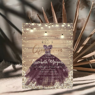Invitación Rústico, Tiara, Luces, Vestido, Madera Quinceañera
