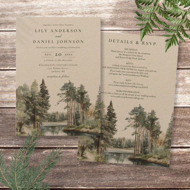 Invitación Rústico todo en un Boda de acuarela (Rustic All In One Watercolor Lake Forest Wedding Invitation)