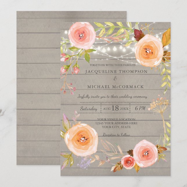 Invitación Rústico Twinkle Ilumina Wreath Boda Floral (Anverso / Reverso)