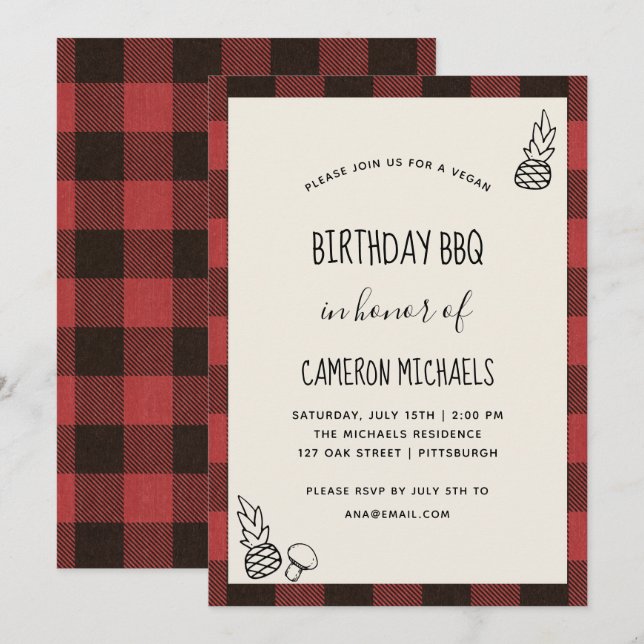 Invitación Rústico Vegan Birthday BBQ Red Plaid (Anverso / Reverso)