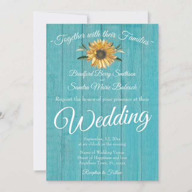 Invitación Rústico Verde azulado Boda de girasol de la madera (Anverso)