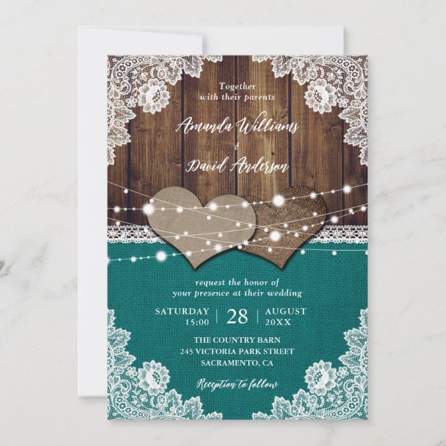 Invitación Rústico Verde azulado Boda de la leña de la madera (Anverso)