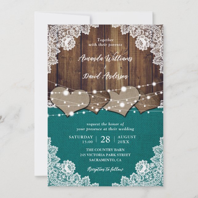 Invitación Rústico Verde azulado Boda de la leña de la madera (Anverso)