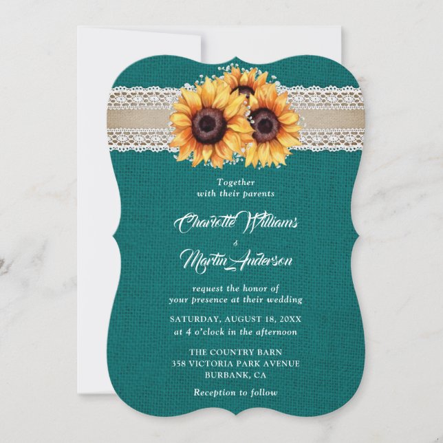 Invitación Rústico Verde azulado Burlap Lace Sunflower Boda (Anverso)