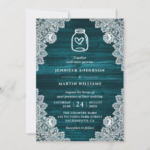 Invitación Rústico Verde azulado Floral de madera Lace Mason 