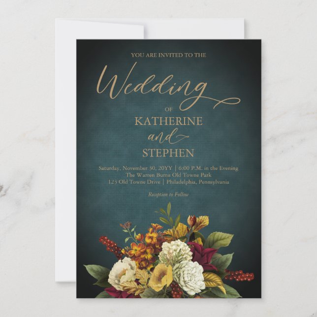 Invitación Rústico Verde azulado | NARANJA | Boda Red Floral  (Anverso)