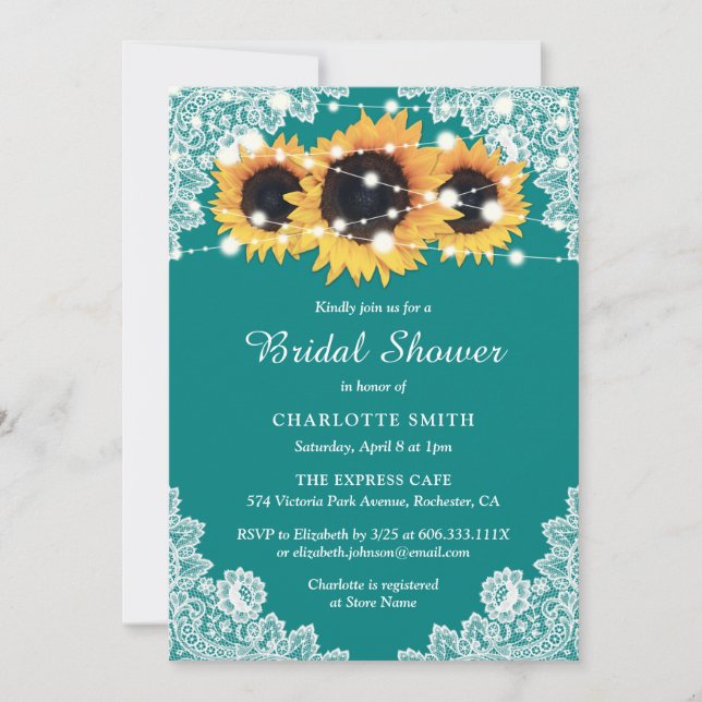 Invitación Rústico Verde azulado Sunflower Lace Bridal Shower (Anverso)