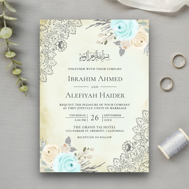 Invitación Rústico Verde Menta Floral Encaje Musulmán Boda (Subido por el creador)