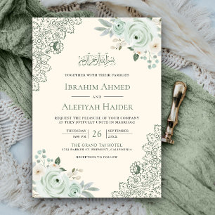 Invitación Rústico Verde Sálvia Crema Floral Encaje Musulmán