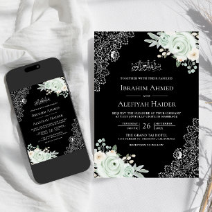Invitación Rústico Verde Salvia Negro Floral Encaje Musulmán