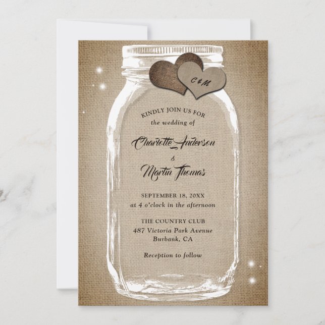 Invitación Rústico Vintage Burlap Hearts Mason Jar Boda (Anverso)