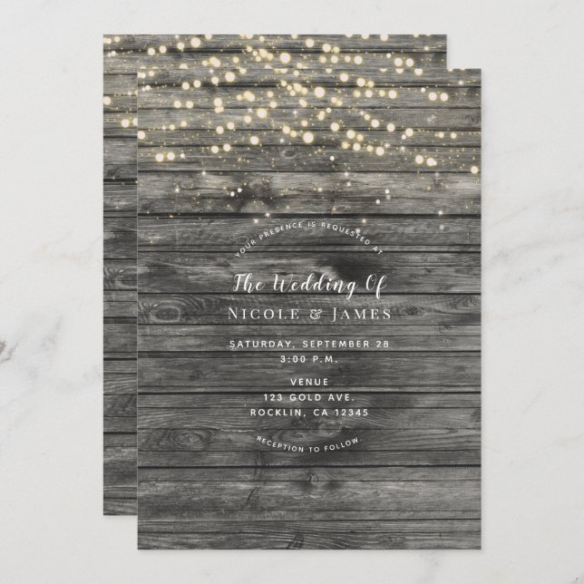 Invitación Rústico Weathered Gray Wood String Luces Boda (Anverso / Reverso)