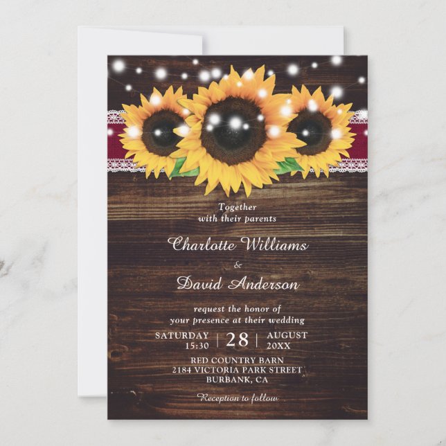 Invitación Rústico Wood Burlap Sunflower Boda de Borgoña (Anverso)