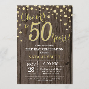 Invitación Rústico Wood Gold 50.º Diamante de cumpleaños