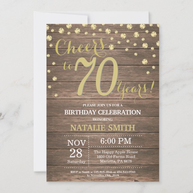 Invitación Rústico Wood Gold 70.º Diamante de cumpleaños (Anverso)