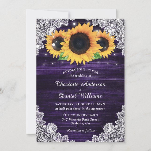 Invitación Rústico Wood Lace Ilumina Sunflower Purple Boda (Anverso)