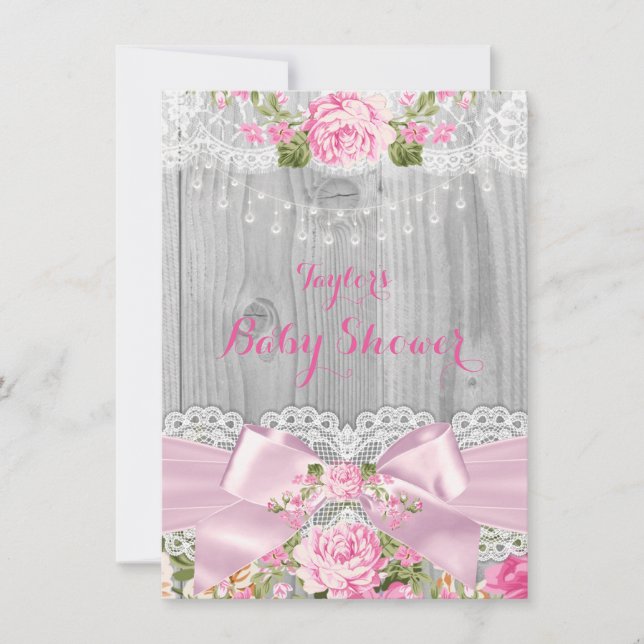 Invitación Rústico Wood Lace Pink Floral Baby Shower 2 (Anverso)